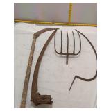Antique Iron Scythe Blade & 4-Tine Pitchfork Head