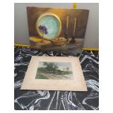 Vintage Still Life Oil Painting + Landscape Print