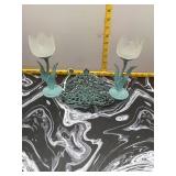 Vintage Cast Iron Tulip Candle Holders & Trivet