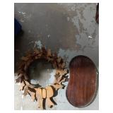 Metal Holly Wreath & Wood Tray - 2 Pcs