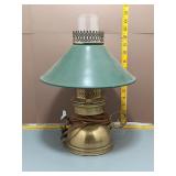 Vintage Brass Oil Lamp w/ Green Metal Shade