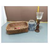 Wicker Basket, Beer Stein, Candlestick Lot