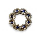 14K Yellow Gold Sapphire & Pearl Brooch Pin