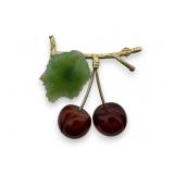 10K Branch Brooch Jade Leaf w/ Carnelian Cherries