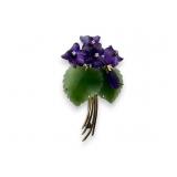 10K Amethyst Violet Jade Flowers Diamond Brooch