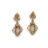 14K Gold Filigree Opal & Diamond Drop Earrings