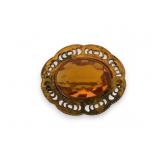 Antique Citrine Glass Metal Filigree Brooch Pin