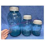 (3) Graduated size Blue Ball jars w/ zinc lids