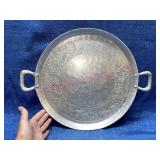 Vtg Hand Forged Aluminum round tray w/ handles