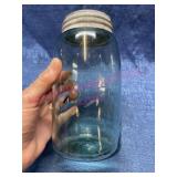 Antique blue Ball Mason jar marked 'K' w/ zinc lid