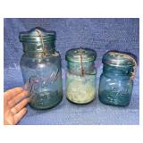 (3) Graduated size Blue Ball jars w/ glass lids