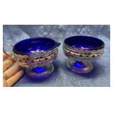 Vtg England chrome cobalt blue creamer & sugar set