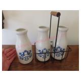 Pfaltzgraff 3 Milk bottles USA & holder