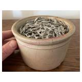 Old Rabbit crock (cracked) full of alum can tops