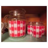 Vtg Pitcher & 5 glasses (red picnic pattern) Kitch
