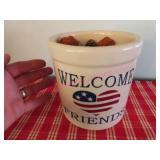 Welcome Friends 1/2-gal stone crock (kitchen) good