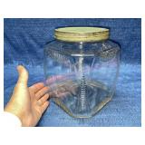 Antique 1900 glass canister jar w/ old green lid