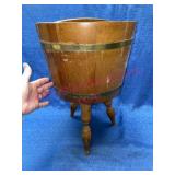 Vtg rustic wood barrel 3-legged stand