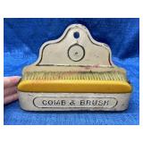 Ant. tin wall hanging comb & brush holder w/ brush
