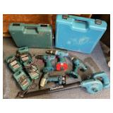 4 Makita drills, 4 Chargers, Blower, 2 Batteries**