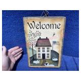 Nice old 8x12 painted slate (house, sheep, flag)