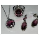 Vtg purple pendant necklace -earrings -ring set