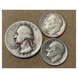1946-D Washington Quarter & 2 Dimes (1948, 1964)