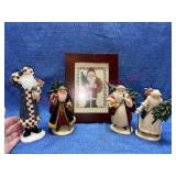 (4) Santa figurines & pic