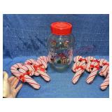 Vtg Carlton Glass Christmas jar w/ 11 candy canes