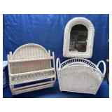 White wicker wall mirror -shelf -basket