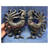 Pair Vtg Cast Iron Rooster Wall Plaques