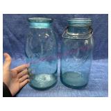 (2) Old lrg 2qt Green Canning Jars (bubble)