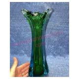 Vtg Blue / Green Art Glass swung vase 13in tall