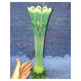 Vtg Vaseline Uraninum Glass swung vase 13.5in tall