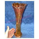 Vtg Orange Carnival Glass swung vase 11.5in tall