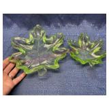 (2) Vtg Green Art Glass Leaf Dishes