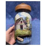 Vtg Hand painted canning jar w/ wood lid