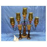 Vtg Wood Candelabra w/ 5 amber votive holders &