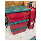 (B) 4 Red Totes of Christmas Decorations
