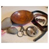 (K) Wood Bowl w/ Rocks, Belts, Etc