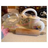 (LR) Glass Compote, Pitchers & Rolling Pin