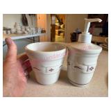Longaberger Pottery Red Soap Dispenser & Pot