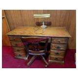 (BR3) Wood Desk & Chair w/Brass Desk Lamp