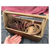 (G) Wood Tote & 30+ Old Horseshoes