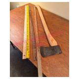 (LR) Wood-Handled Axe & 3 Measuring Sticks