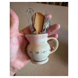 (K) Small Longaberger Pottery Pitcher & Utensils