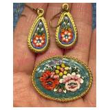 Italian Mosaic Floral Brooch & Earrings