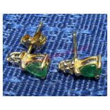 14K Yellow Gold Earrings w/Emeralds & Diamonds