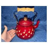 Red Enamel Duck Teapot w/Wooden Handle