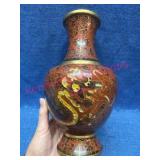 Cloisonne Enamel 10in Vase w/ Dragon Motif